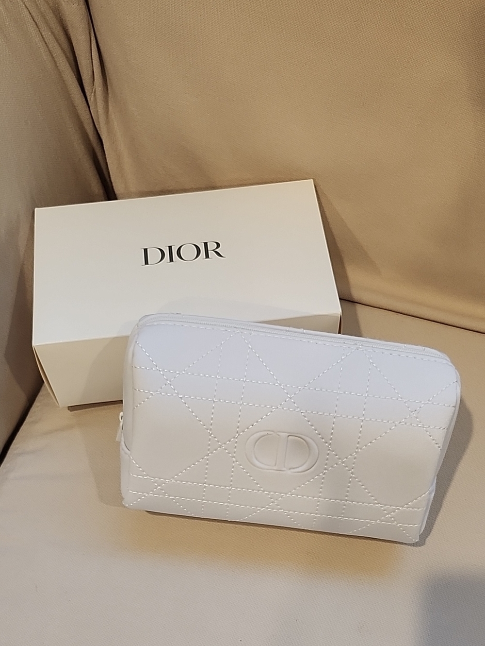 Dior White Quilted CD Logo Cosmetic Case